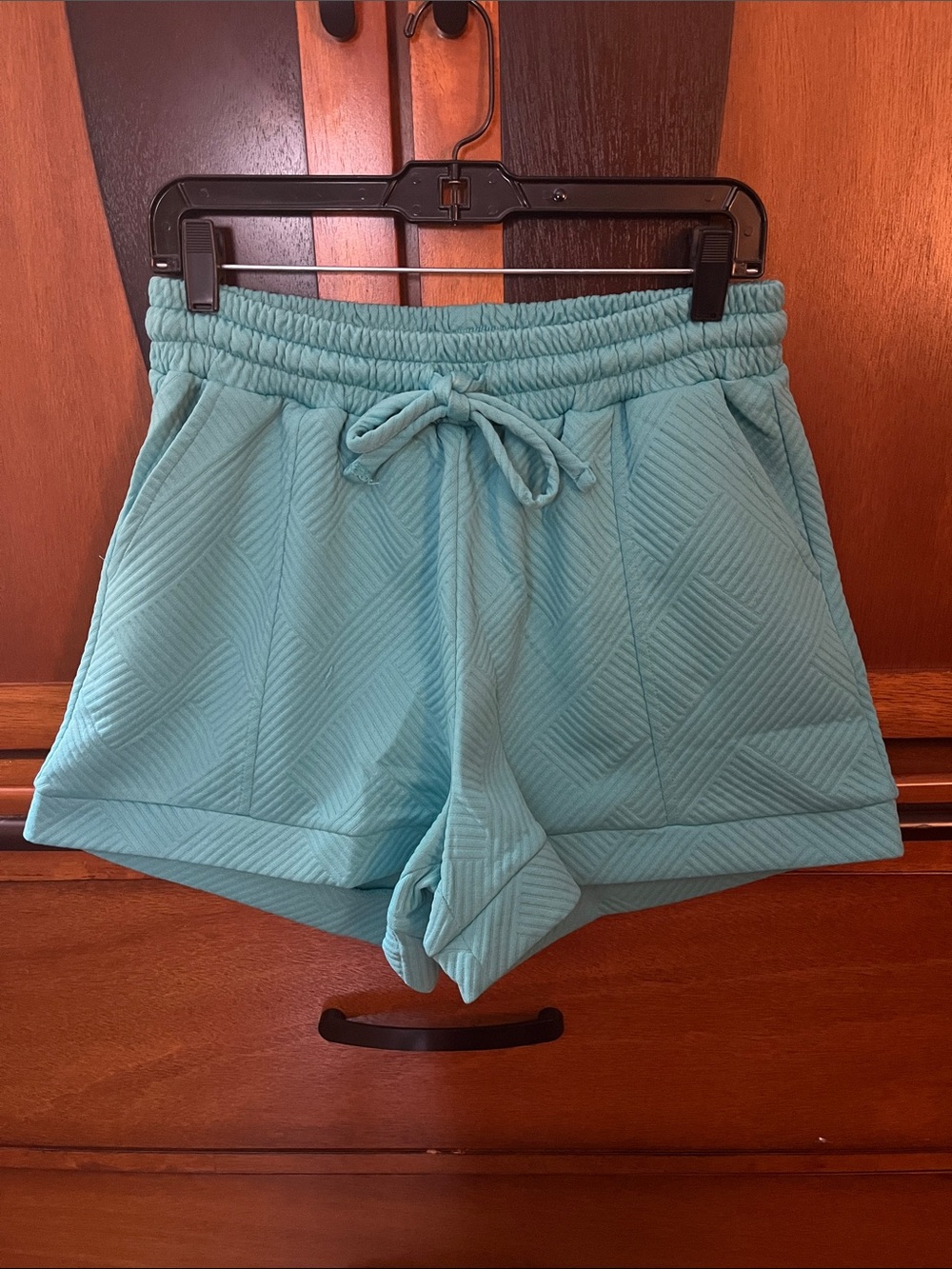 Zenana Quilted Pull-On Shorts in Aqua w/Side Pockets & Elastic Drawstring Waist